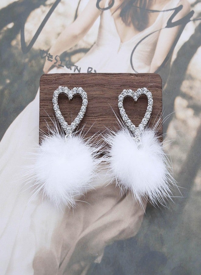 IRCOMULTI Winter Pom Pom Earrings White Fluffy Stud Earrings Pom Pom Ball Earrings Faux Fur Ball Earrings Fluffy Pom Dangle Earrings Jewelry for Women(CZ Heart Style) - Image 3